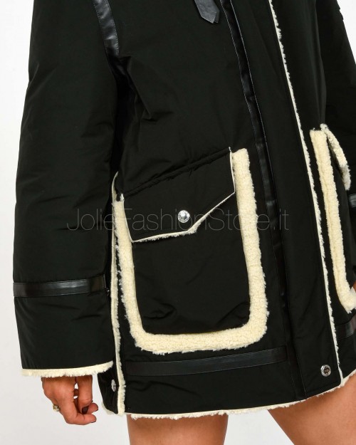 Ermanno Parka di Piuma Con Inserti in Montone e Pelle Ecologica Nero  D47EA001EM0-EM0 MF099
