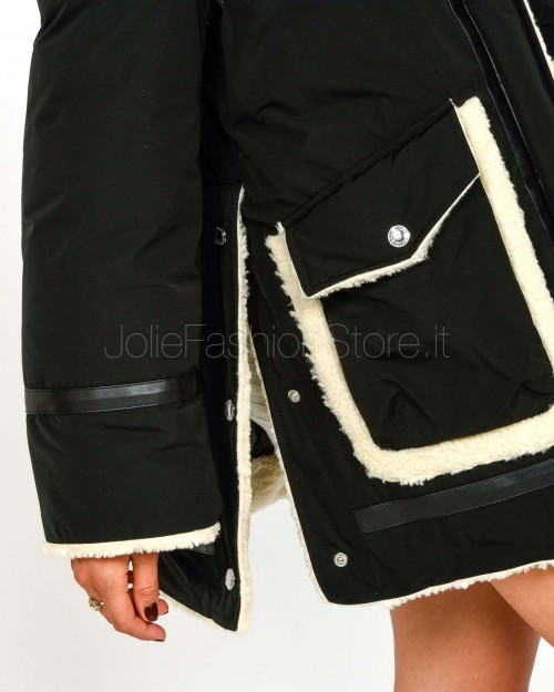 Ermanno Parka di Piuma Con Inserti in Montone e Pelle Ecologica Nero  D47EA001EM0-EM0 MF099