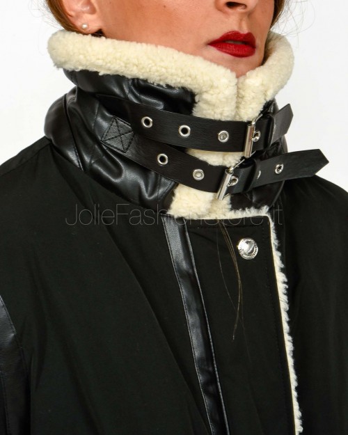 Ermanno Parka di Piuma Con Inserti in Montone e Pelle Ecologica Nero  D47EA001EM0-EM0 MF099