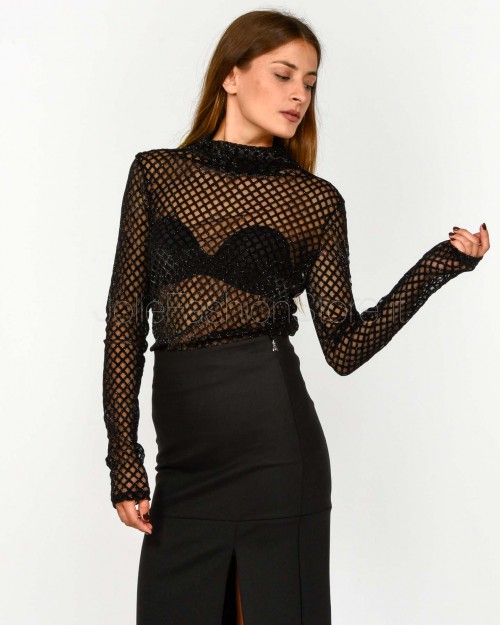Patrizia Pepe Maglia Velata Dettagli Glitter Black Net