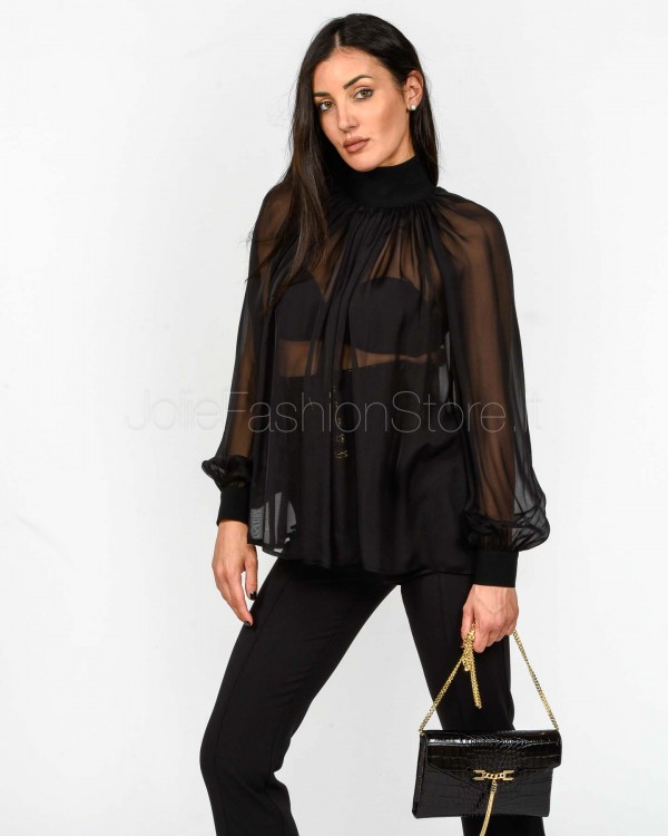 Elisabetta Franchi Blusa in Voile con Ganci Gioiello Nero  CA13457E2 110