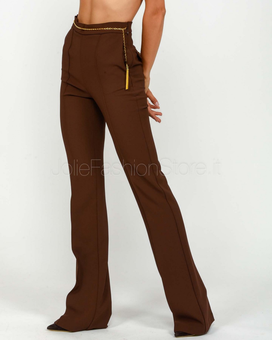 Elisabetta Franchi Pantaloni in Crêpe Leggero Con Catena Gioiello Coffee  PA14157E2 EA3