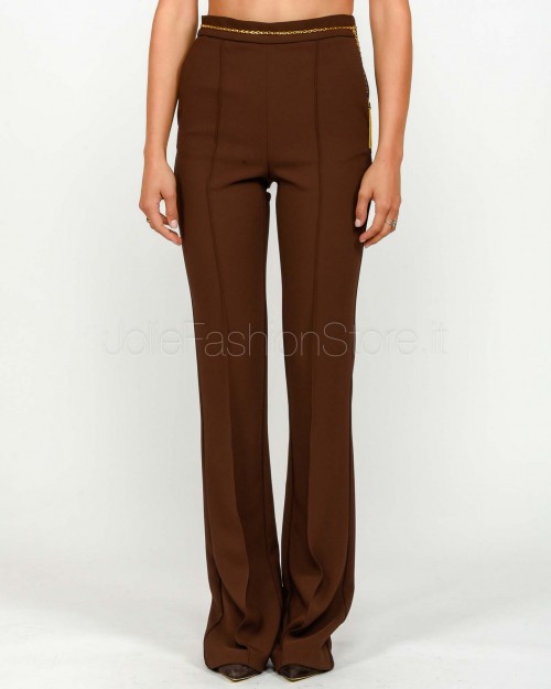Elisabetta Franchi Pantaloni in Crêpe Leggero Con Catena Gioiello Coffee  PA14157E2 EA3