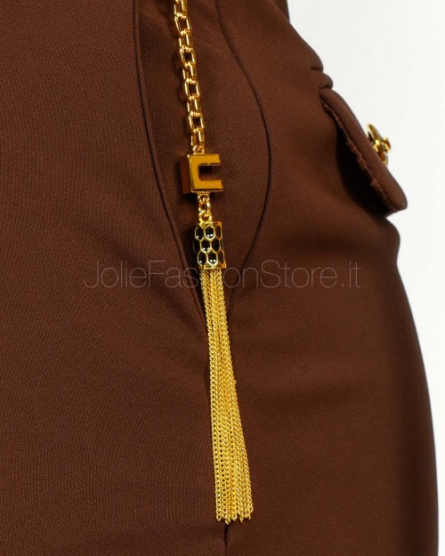 Elisabetta Franchi Pantaloni in Crêpe Leggero Con Catena Gioiello Coffee  PA14157E2 EA3
