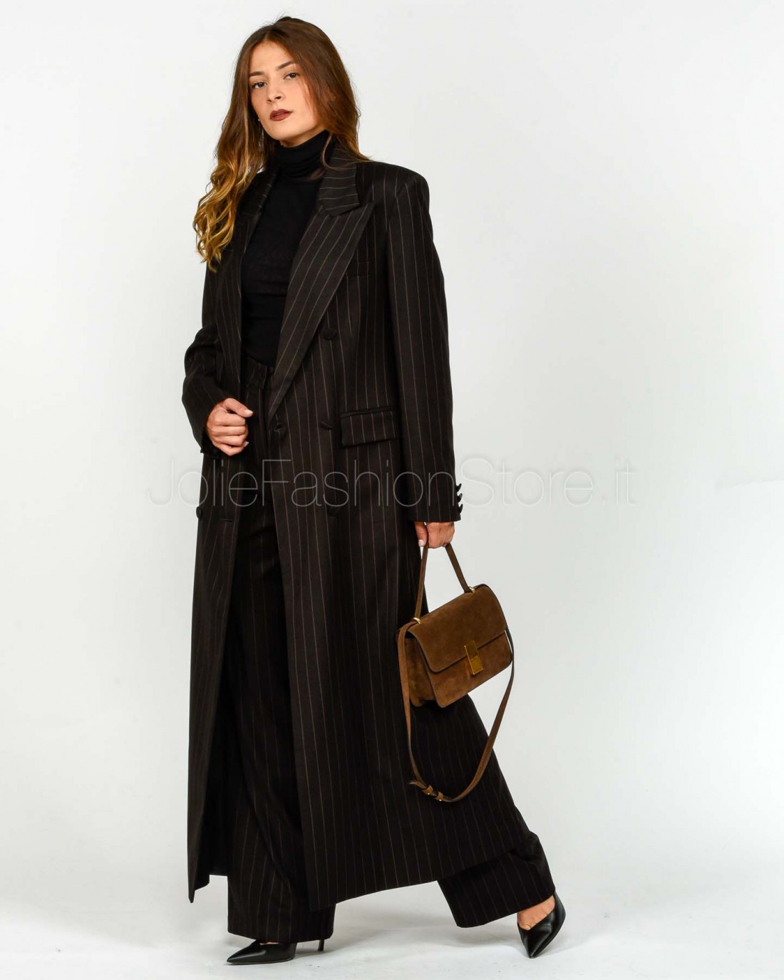 Actualee Giacca Lunga Gessata Nero/Marrone  15137 NERO
