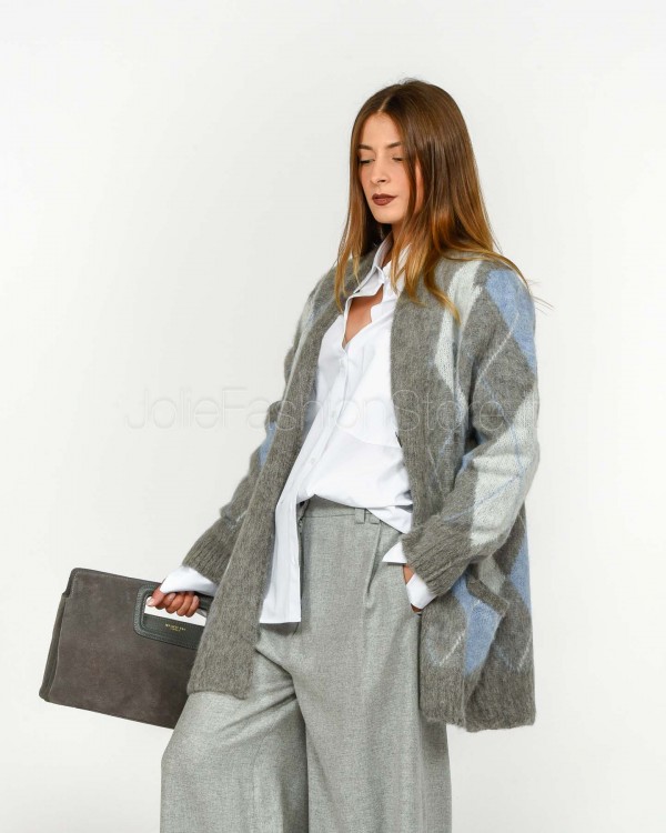 Solo Tre Cardigan Lungo 1 Bottone Misto Lana Grigio/Celeste  M3F0058 FV 4145 ALLUMINIO/CERULEO