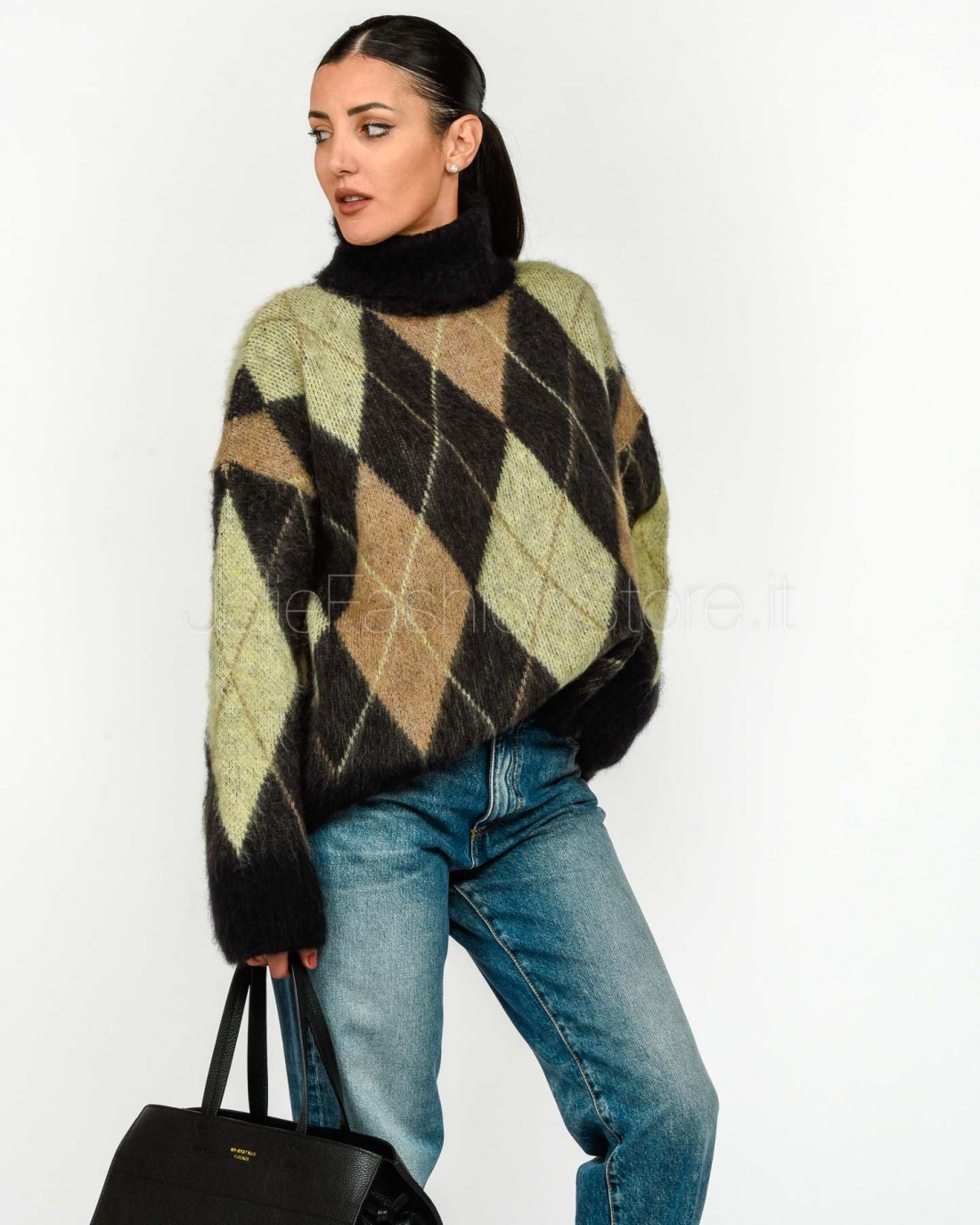Solo Tre Maglione Over Collo Alto Misto Lana Nero/Castagna  M3F0057 FV 416 NERO/CASTAGNA