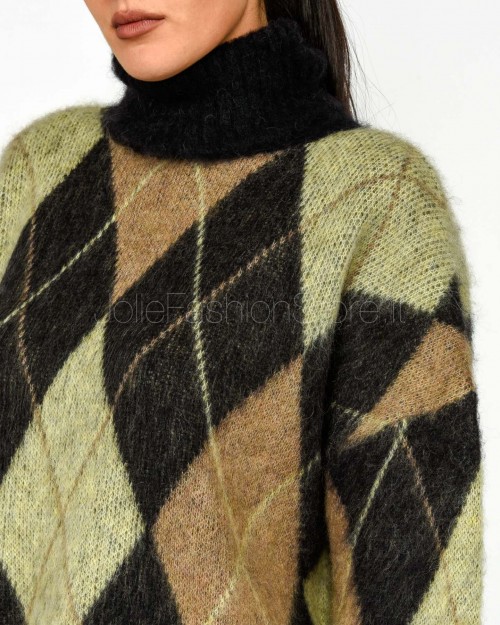 Solo Tre Maglione Over Collo Alto Misto Lana a Rombi  M3F0057 FV 416 NERO/CASTAGNA