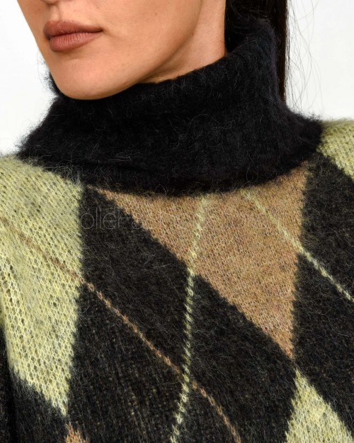 Solo Tre Maglione Over Collo Alto Misto Lana a Rombi  M3F0057 FV 416 NERO/CASTAGNA