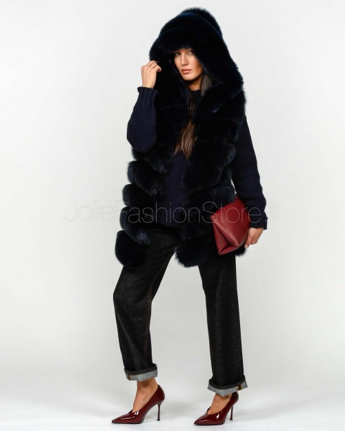 Frame Medium Fox Fur Vest with Blue Hood  329502 BLU