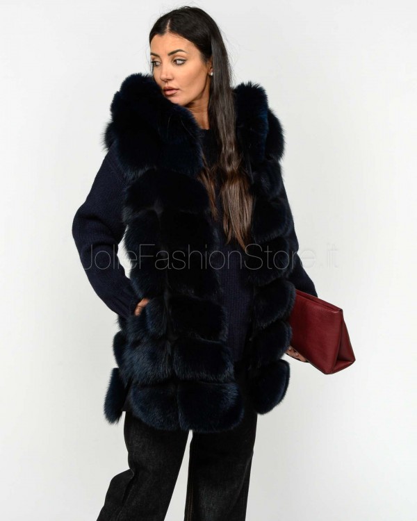 Frame Pelliccia Gilet Volpe Medio con Cappuccio Blu  329502 BLU