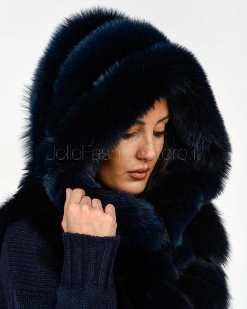 Frame Medium Fox Fur Vest with Blue Hood  329502 BLU