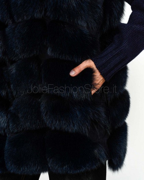 Frame Medium Fox Fur Vest with Blue Hood  329502 BLU
