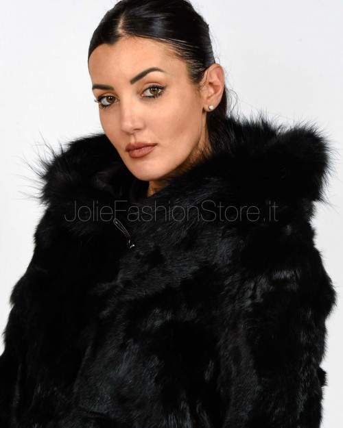 Tavus Milano Giacca Con Cappuccio Lapin con Raccon Nero  25102 NERO