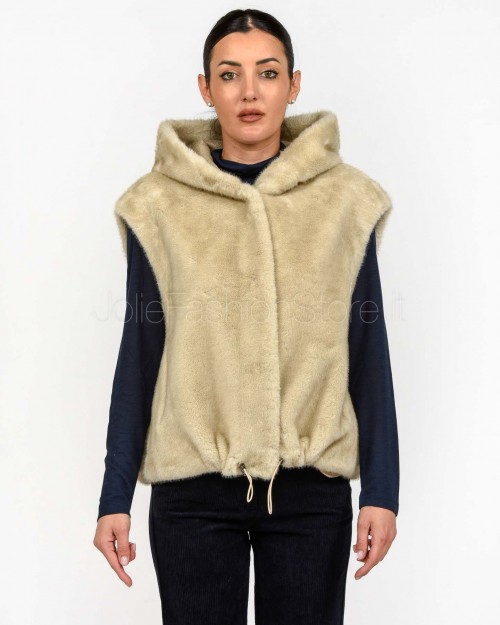 Tavus Milano Eco Pelliccia Gilet con Cappuccio Beige  25217 BEIGE