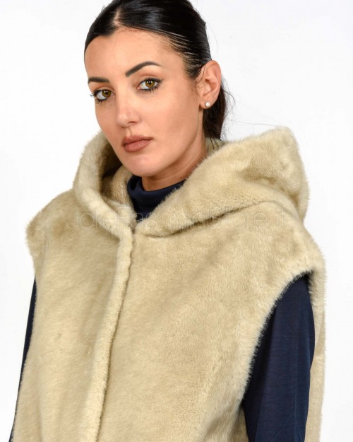 Tavus Milano Eco Pelliccia Gilet con Cappuccio Beige  25217 BEIGE