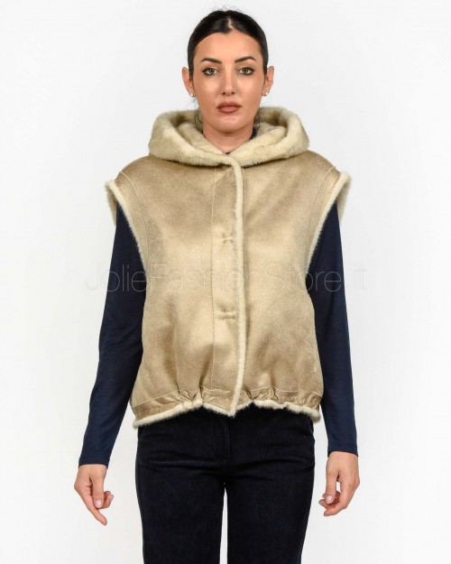 Tavus Milano Eco Pelliccia Gilet con Cappuccio Beige  25217 BEIGE