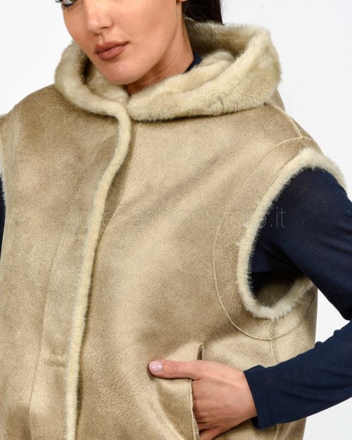 Tavus Milano Eco Pelliccia Gilet con Cappuccio Beige  25217 BEIGE
