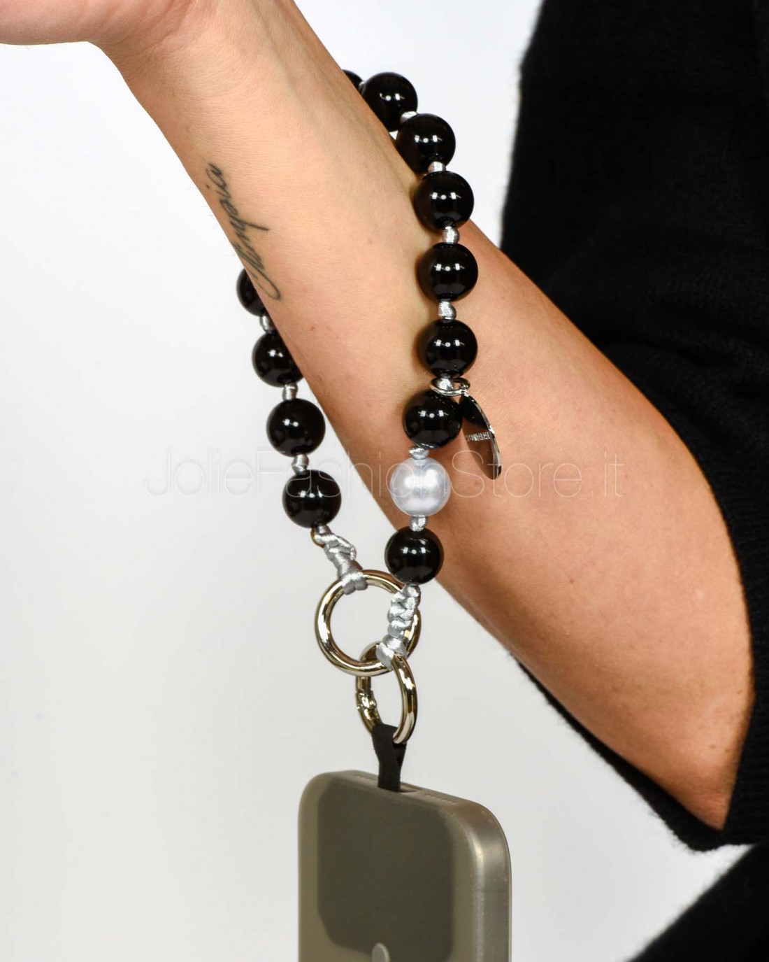 Seconda Base Bracciale Porta Telefono Perline 25cm Nero  PERLINO CORTO NERO