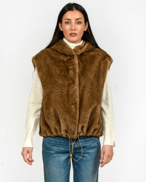Tavus Milano Eco Pelliccia Gilet con Cappuccio Marrone  25217 BISCUIT