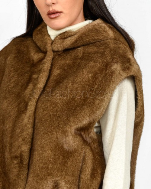 Tavus Milano Eco Pelliccia Gilet con Cappuccio Marrone  25217 BISCUIT