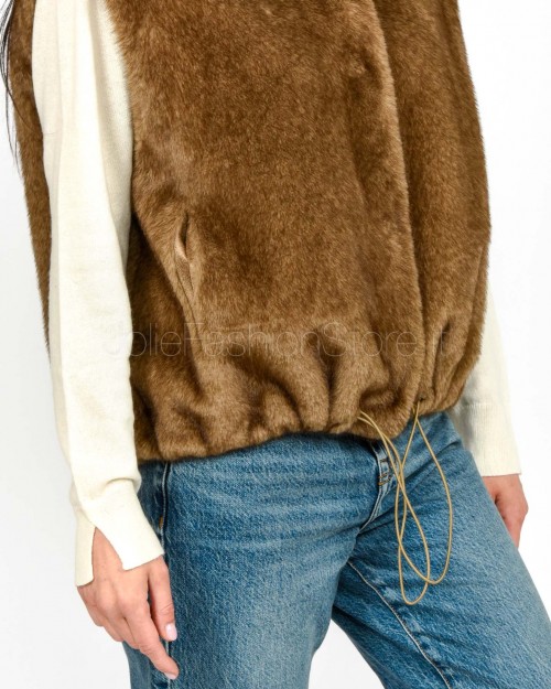 Tavus Milano Eco Pelliccia Gilet con Cappuccio Marrone  25217 BISCUIT