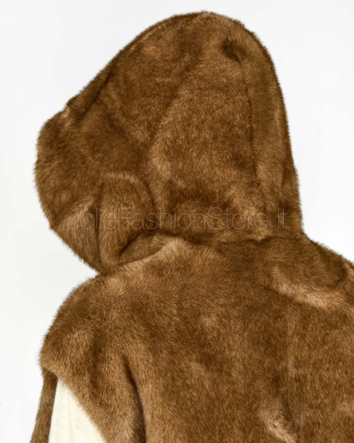 Tavus Milano Eco Pelliccia Gilet con Cappuccio Marrone  25217 BISCUIT