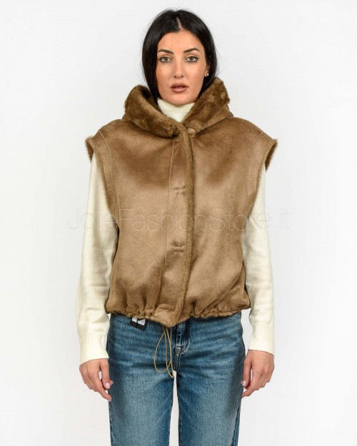 Tavus Milano Eco Pelliccia Gilet con Cappuccio Marrone  25217 BISCUIT