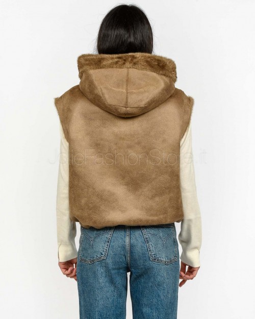 Tavus Milano Eco Pelliccia Gilet con Cappuccio Marrone  25217 BISCUIT