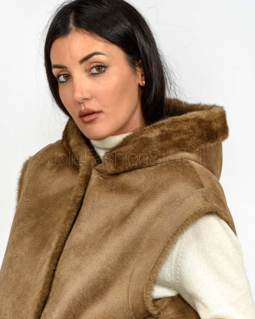 Tavus Milano Eco Pelliccia Gilet con Cappuccio Marrone  25217 BISCUIT