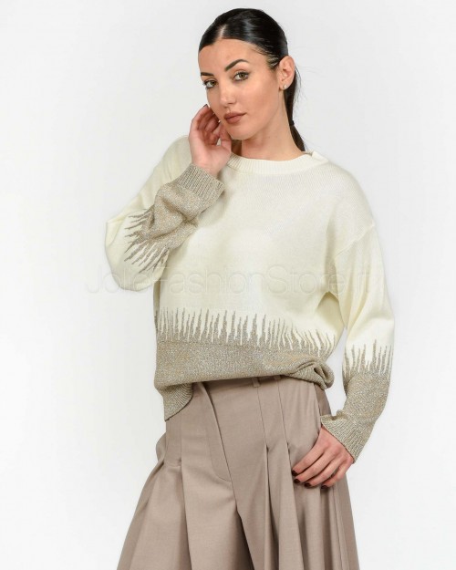 Marella Maglia Intarsiata in Misto Lana e Cashmere Panna/Visone