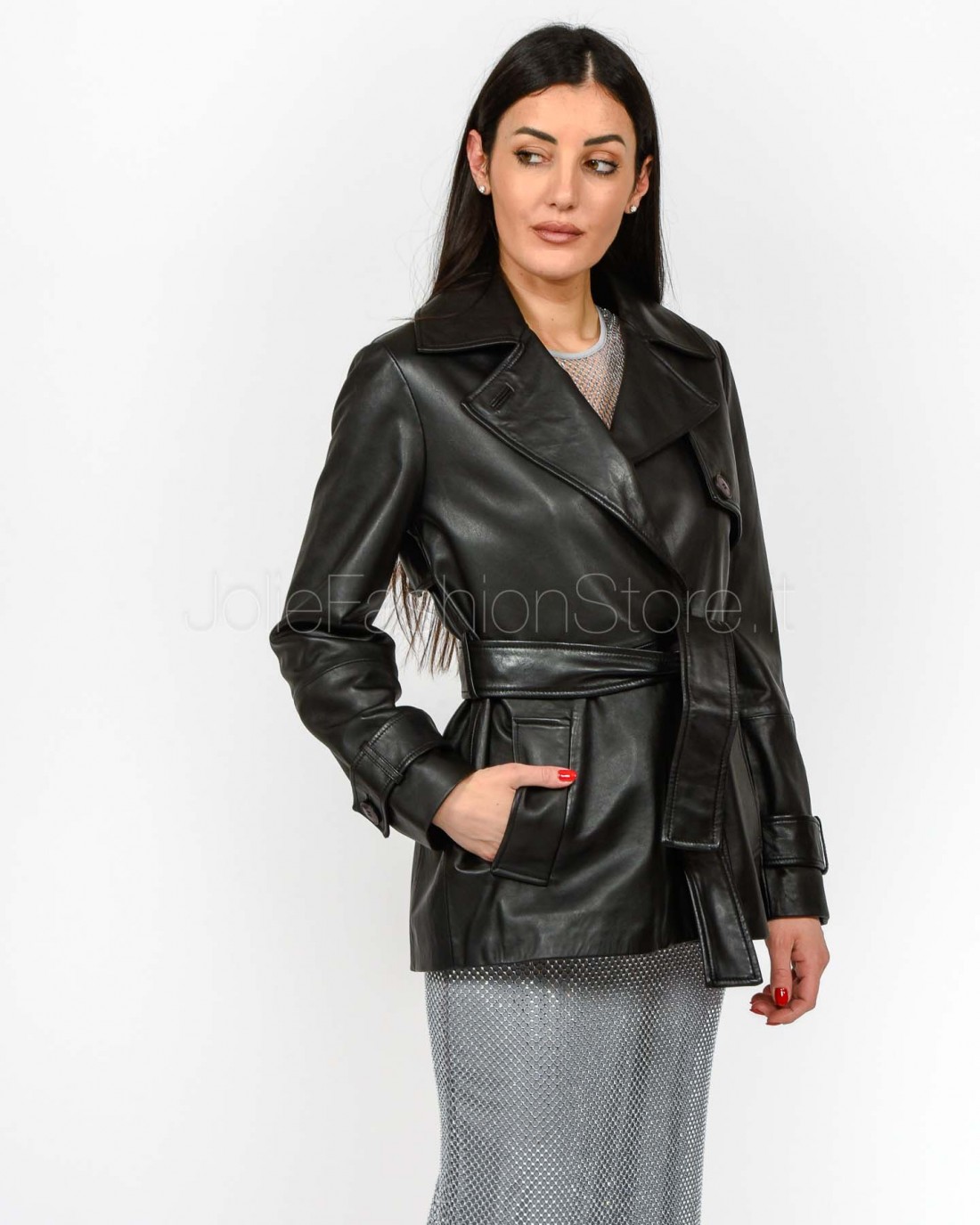 Marella Giacca in Pelle Con Cintura Nero  VISINO NERO