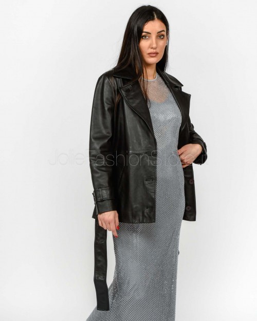 Marella Giacca in Pelle Con Cintura Nero  VISINO NERO